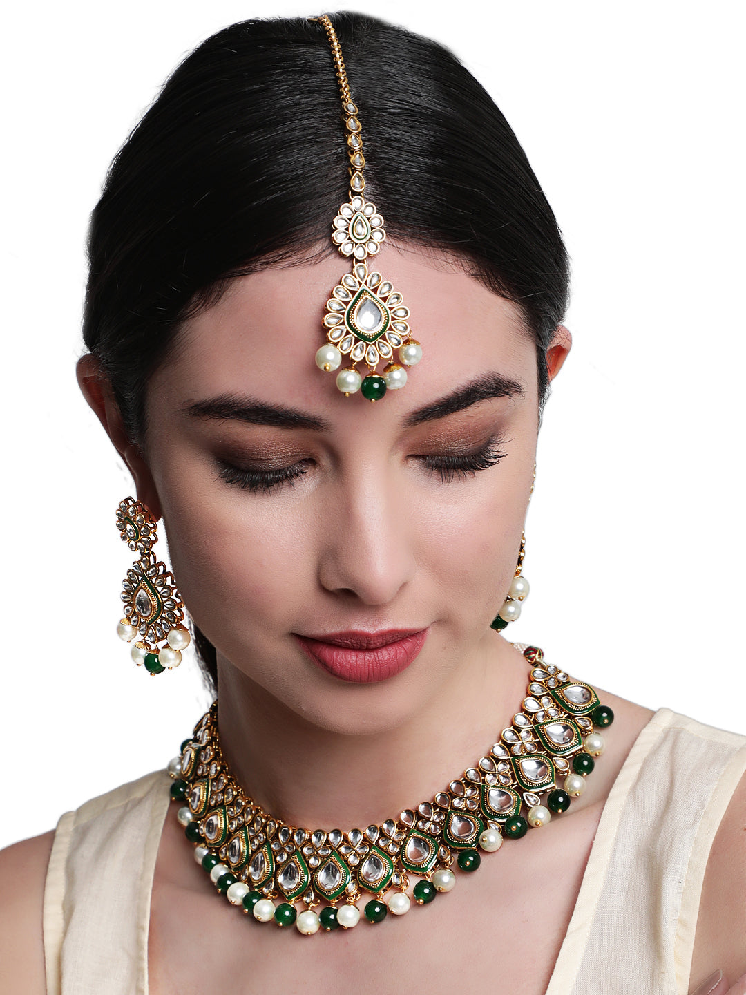 Gold-Plated Green & White Kundan-Studded Beaded Handcrafted Jewellery - Jazzandsizzle