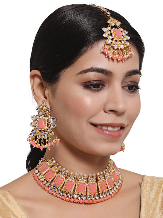 Pink Gold-Plated Kundan Beaded Necklace Set with Maangtika - Jazzandsizzle