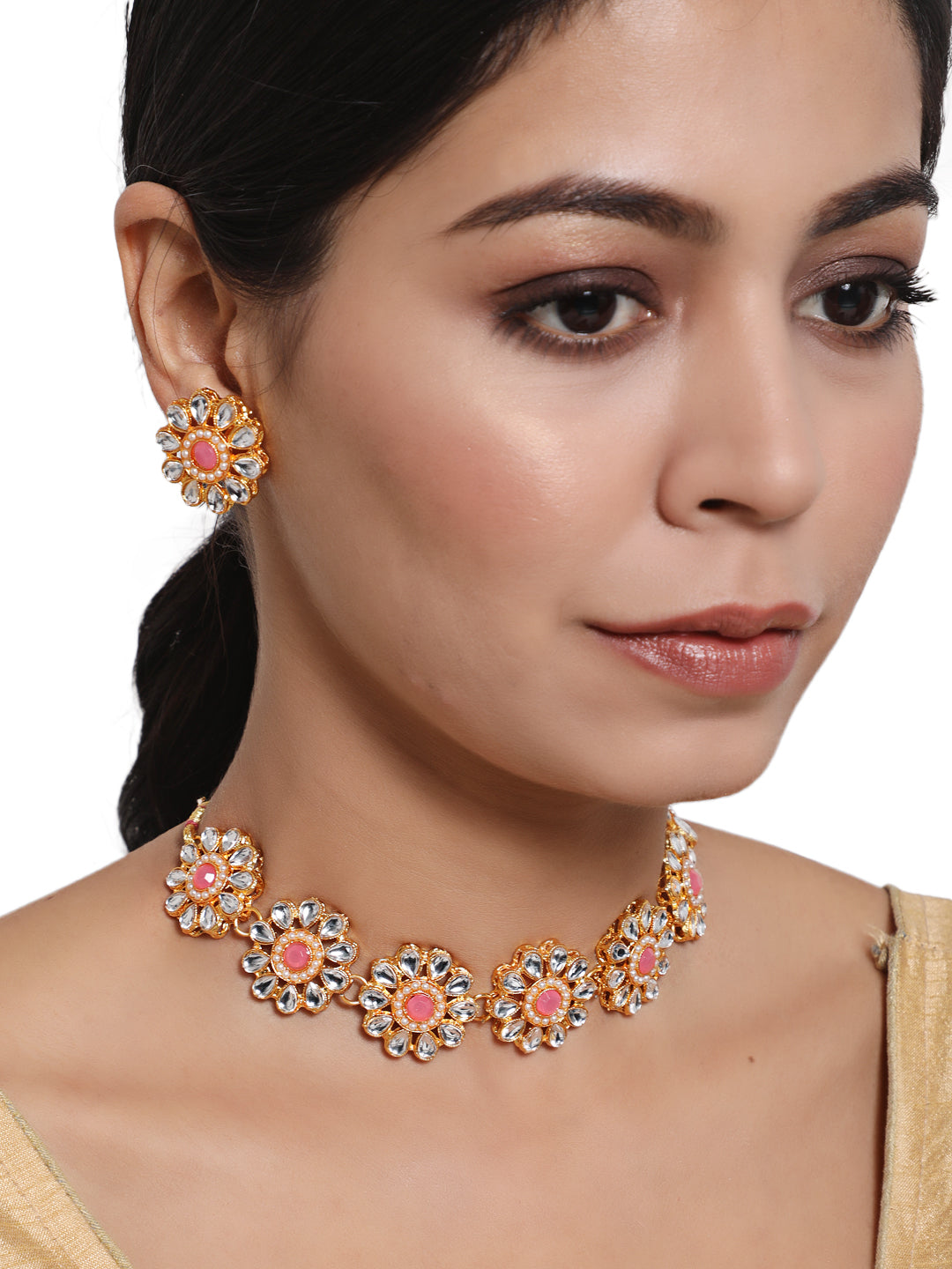 Gold-Plated White & Pink Kundan-Studded Floral Traditional Jewellery Set - Jazzandsizzle