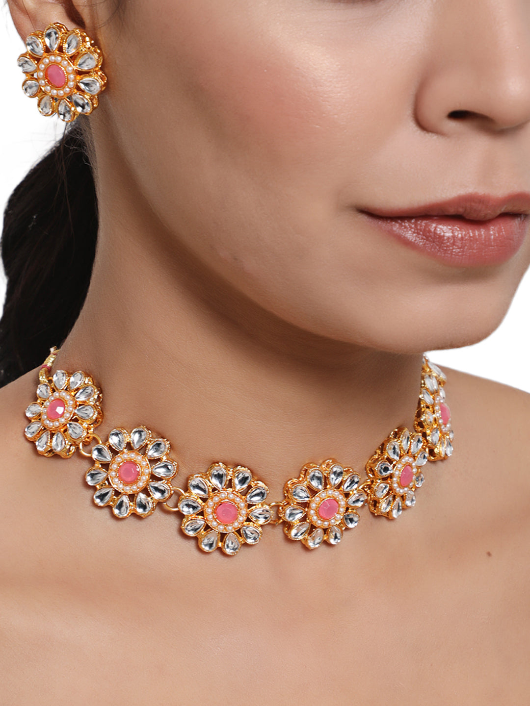 Gold-Plated White & Pink Kundan-Studded Floral Traditional Jewellery Set - Jazzandsizzle