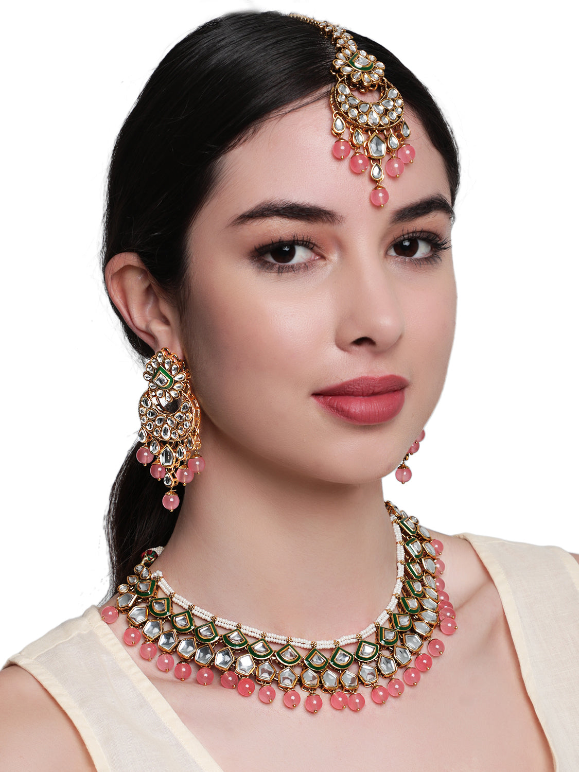 Gold-Plated Pink & White Kundan-Studded Beaded Handcrafted Jewellery - Jazzandsizzle