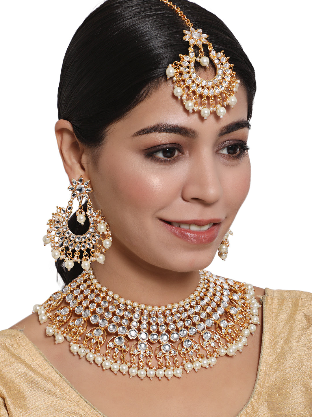 Off-White Gold-Plated Kundan Studded & Beaded Handcrafted Jewellery Set - Jazzandsizzle