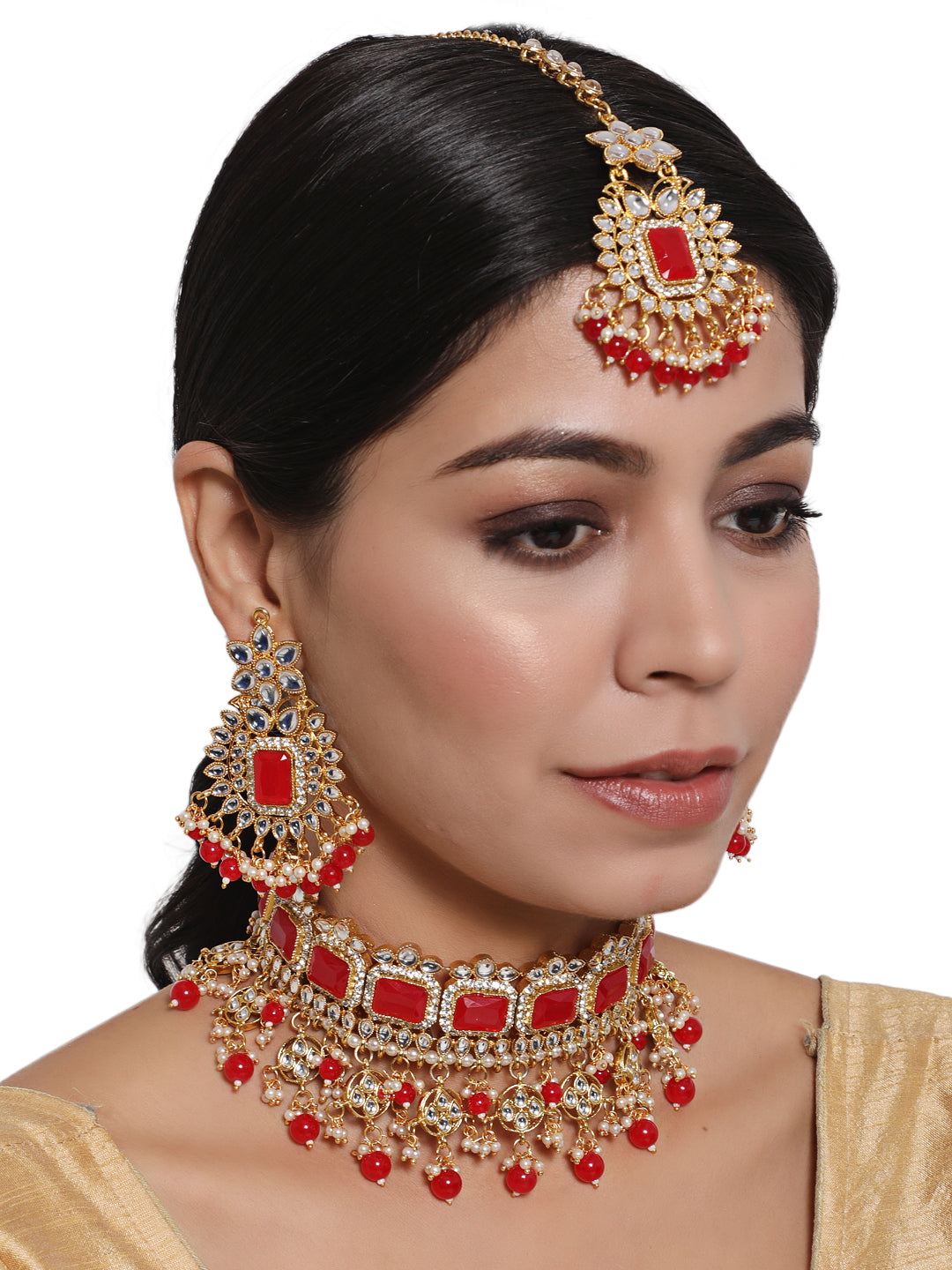 Mahroon Gold-Plated & Pearl Beaded Kundan Choker Necklace, Earring & Maangtikka Set - Jazzandsizzle