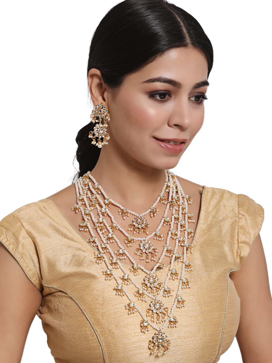 Gold-Plated White Kundan-Studded & Pearl Beaded Jewellery Set - Jazzandsizzle