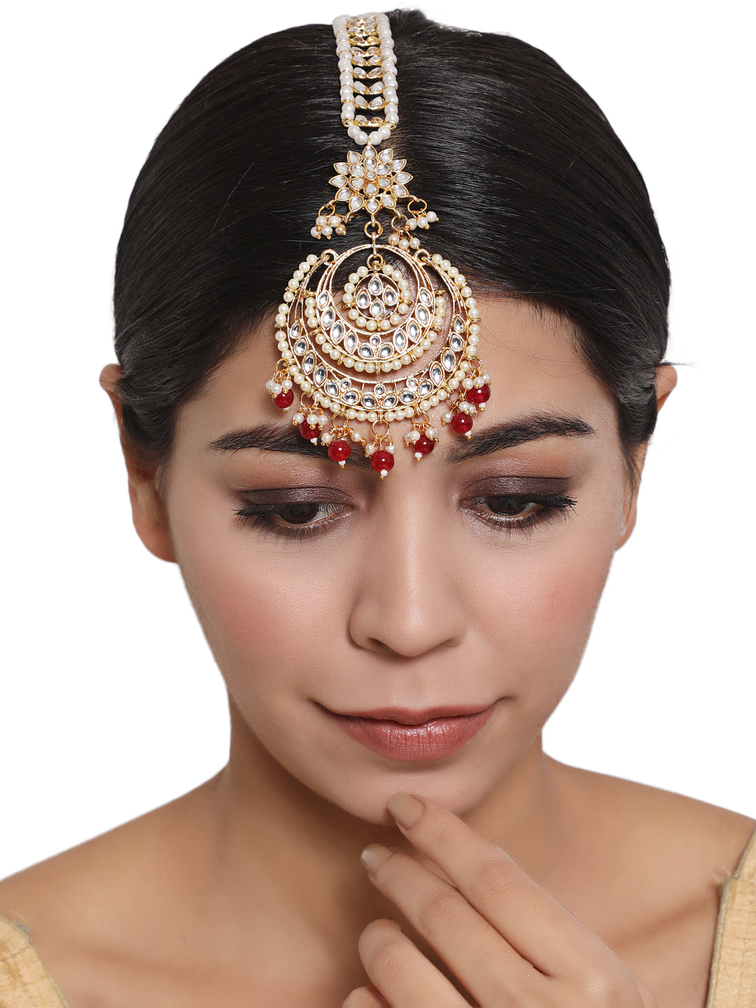 Gold-Toned Mahroon & White Kundan stone studded & Pearls Traditional Maangtikka - Jazzandsizzle