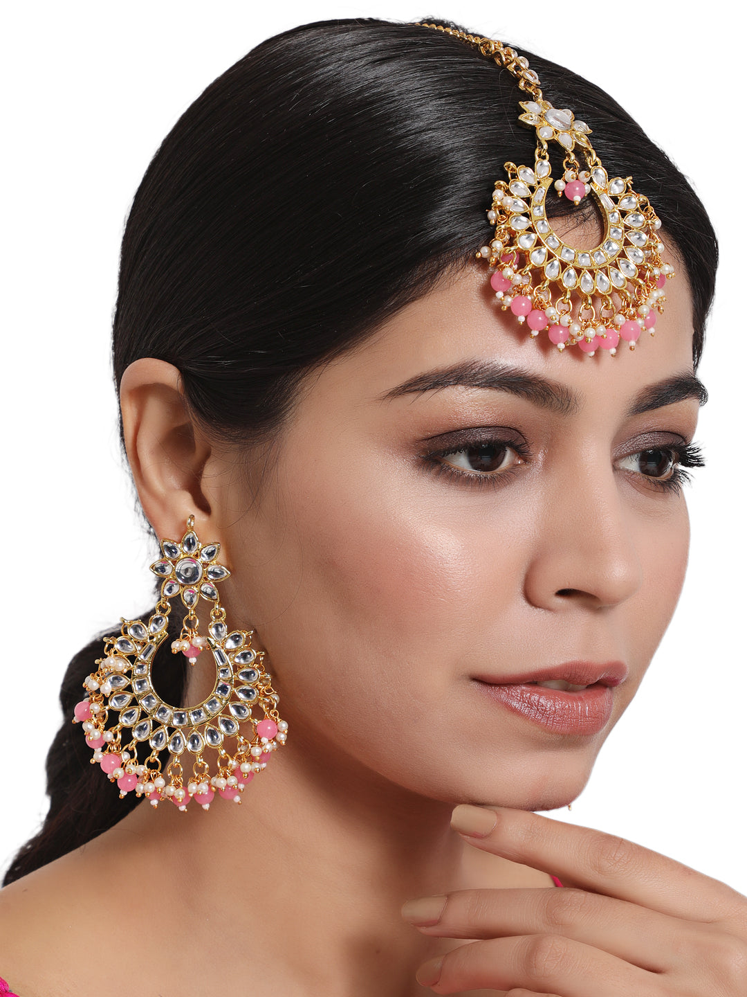 Gold-Toned white Kundan studded & Pink Pearls Maangtikka & Earring Set - Jazzandsizzle