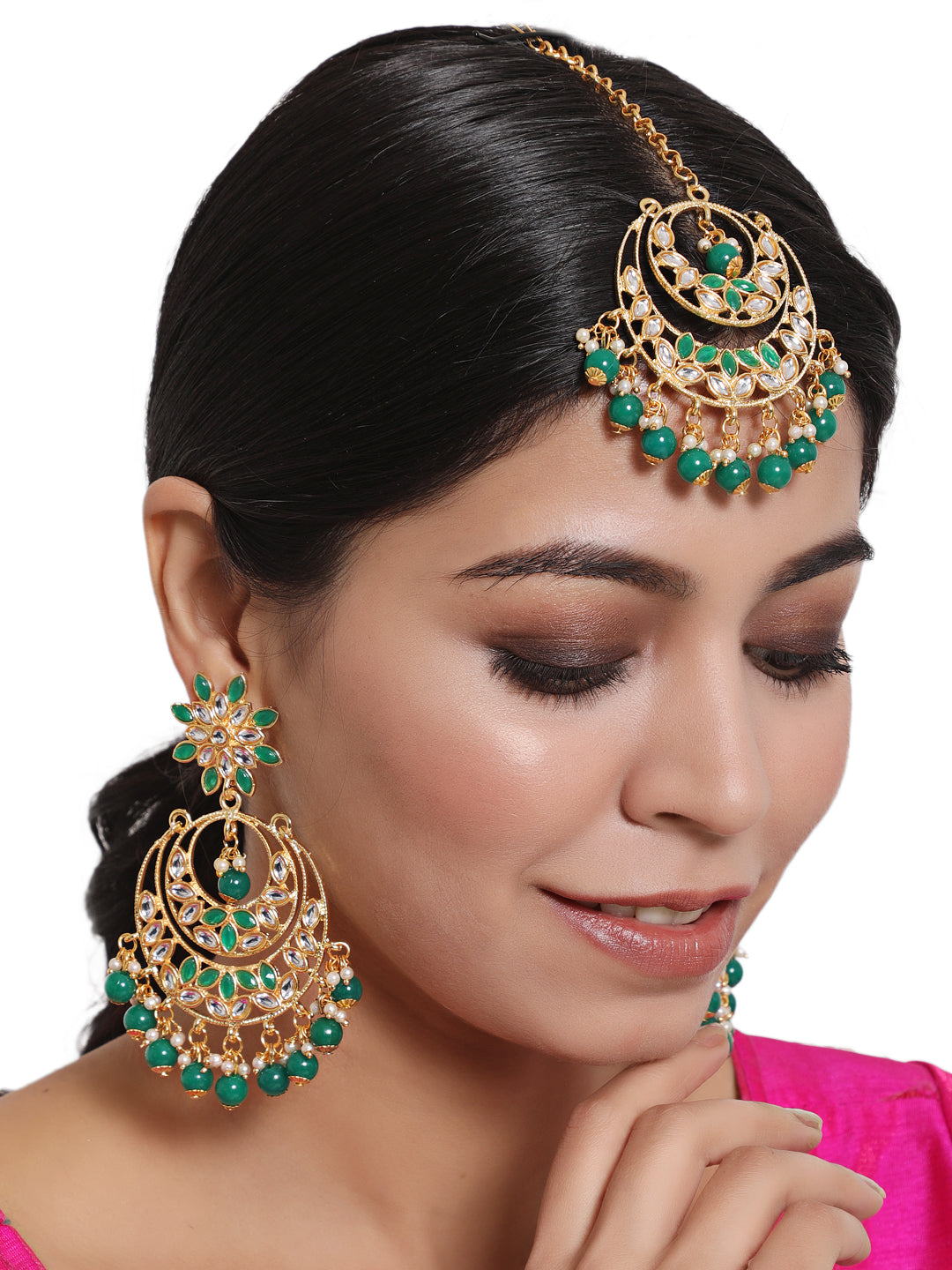 Gold-Toned Green & White Kundan stone studded & Pearls Beaded Traditional Maangtikka & Earrings Set - Jazzandsizzle