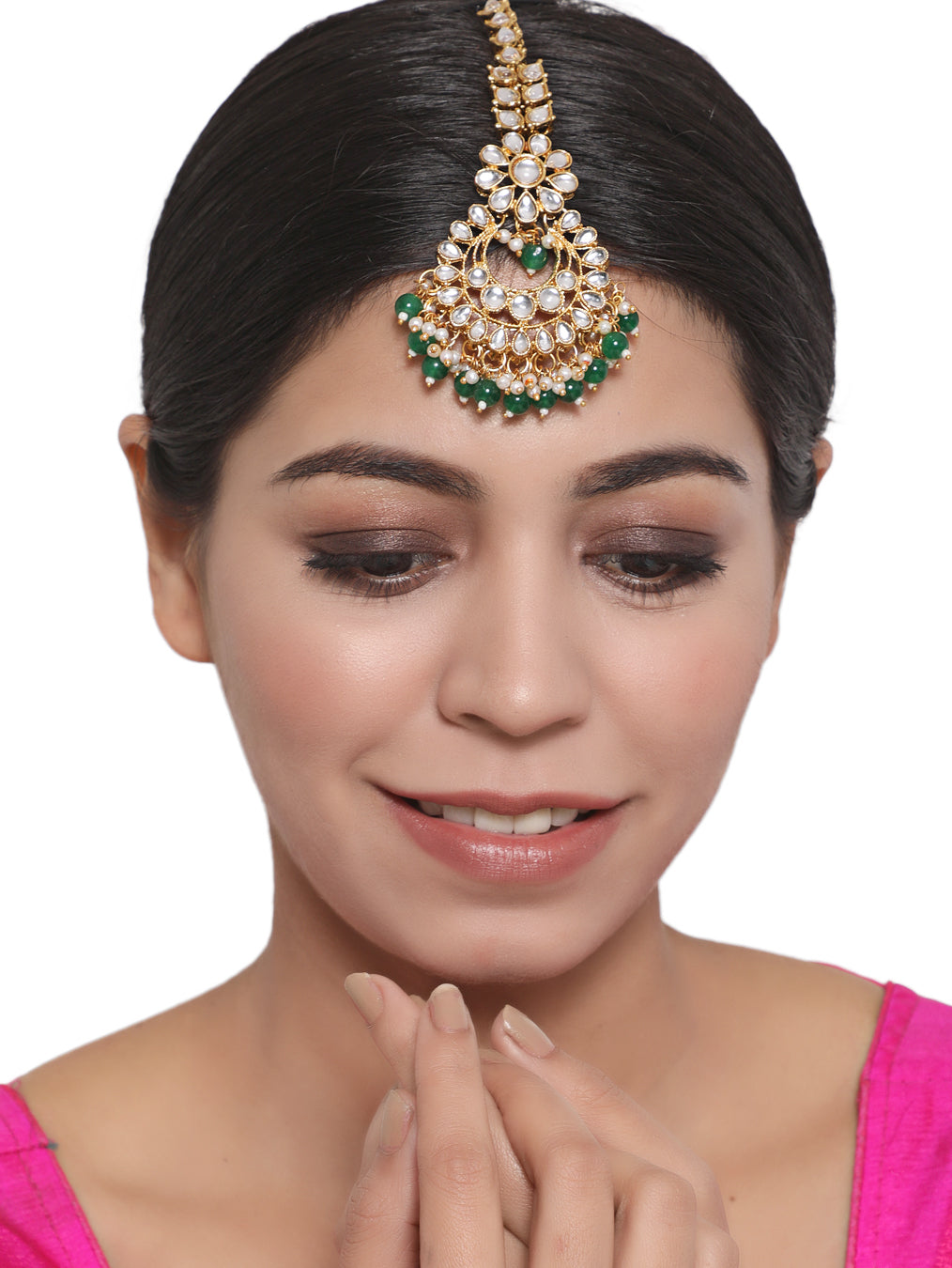 Gold-Toned Green & White Kundan stone studded & Pearls Traditional Maangtikka - Jazzandsizzle