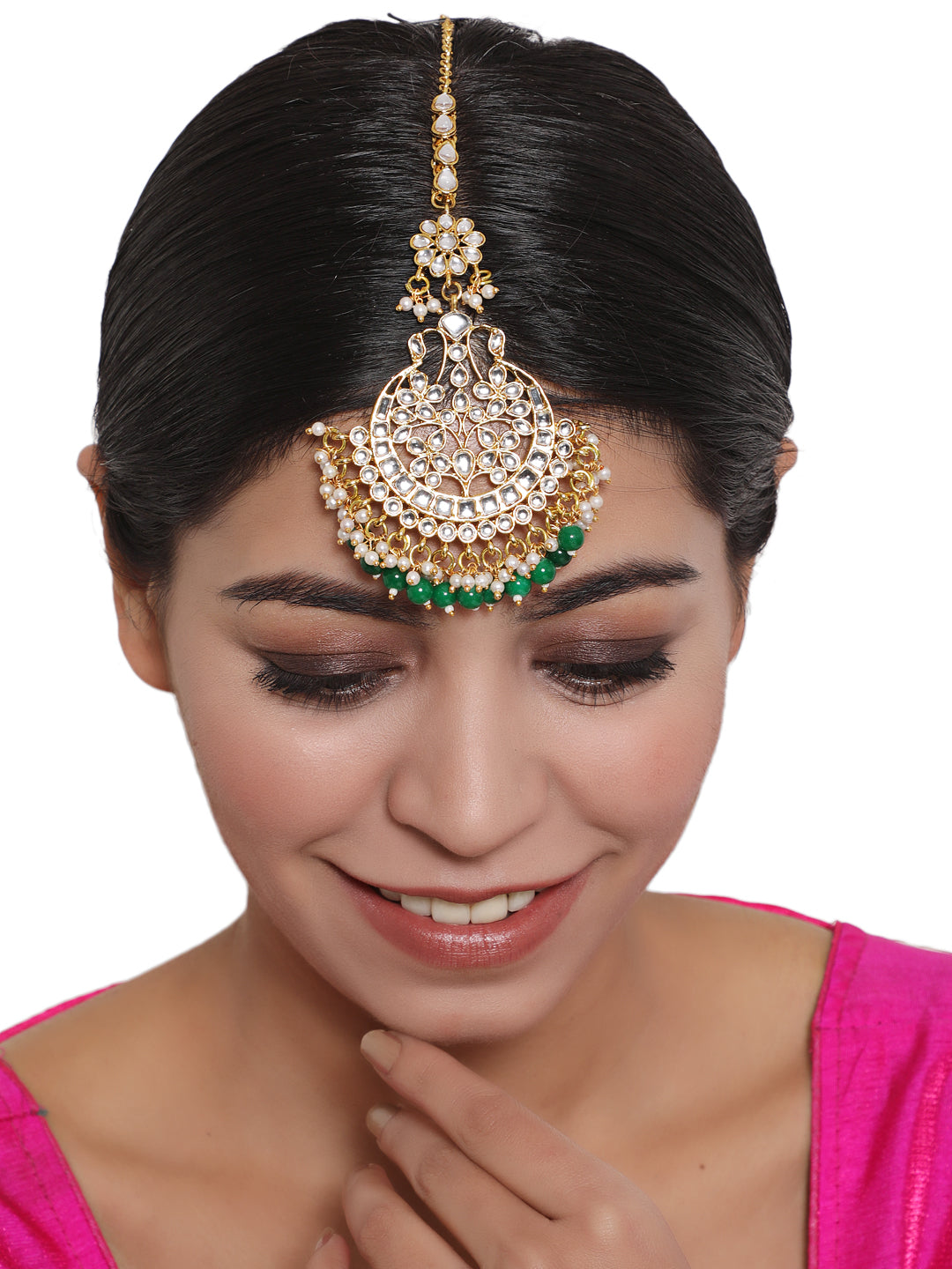 Gold-Toned Green & White Kundan stone studded & Pearls Beaded Traditional Maangtikka - Jazzandsizzle