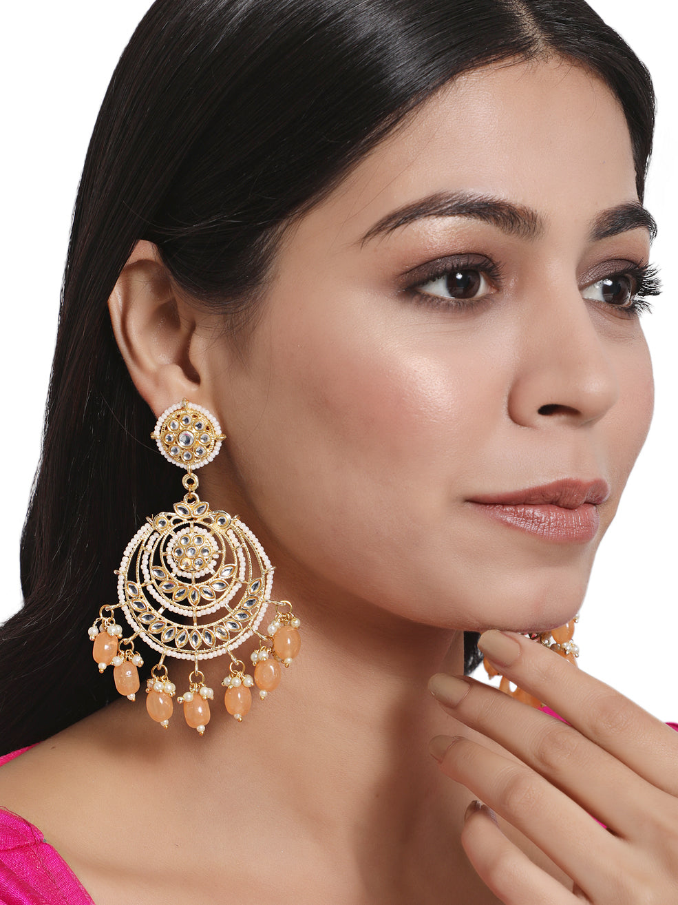 JAZZ AND SIZZLE Artificial Stone Studded & Beaded Chandbali Earrings - Jazzandsizzle