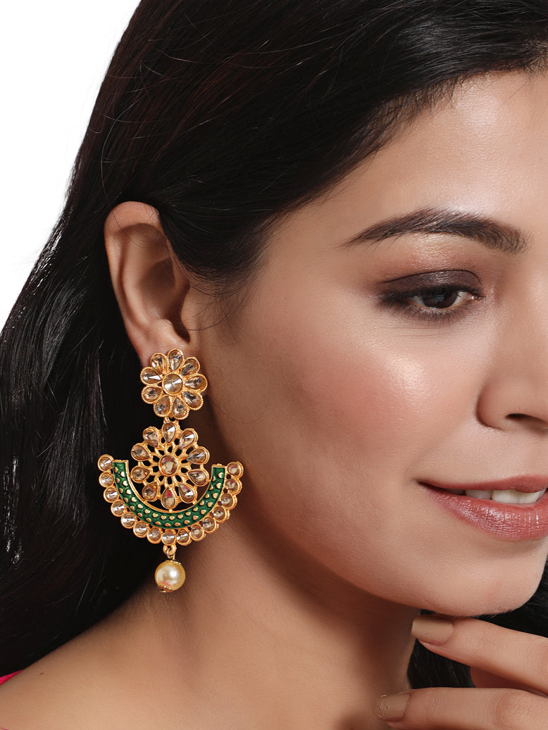 Jazz And Sizzle Floral Dome Shaped Gold- Plated Green Pearl Drop Chand Bali Earrings - Jazzandsizzle