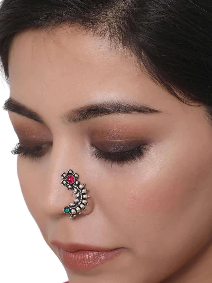 Oxidized Silver-Plated Red-green Nose Pins - Jazzandsizzle