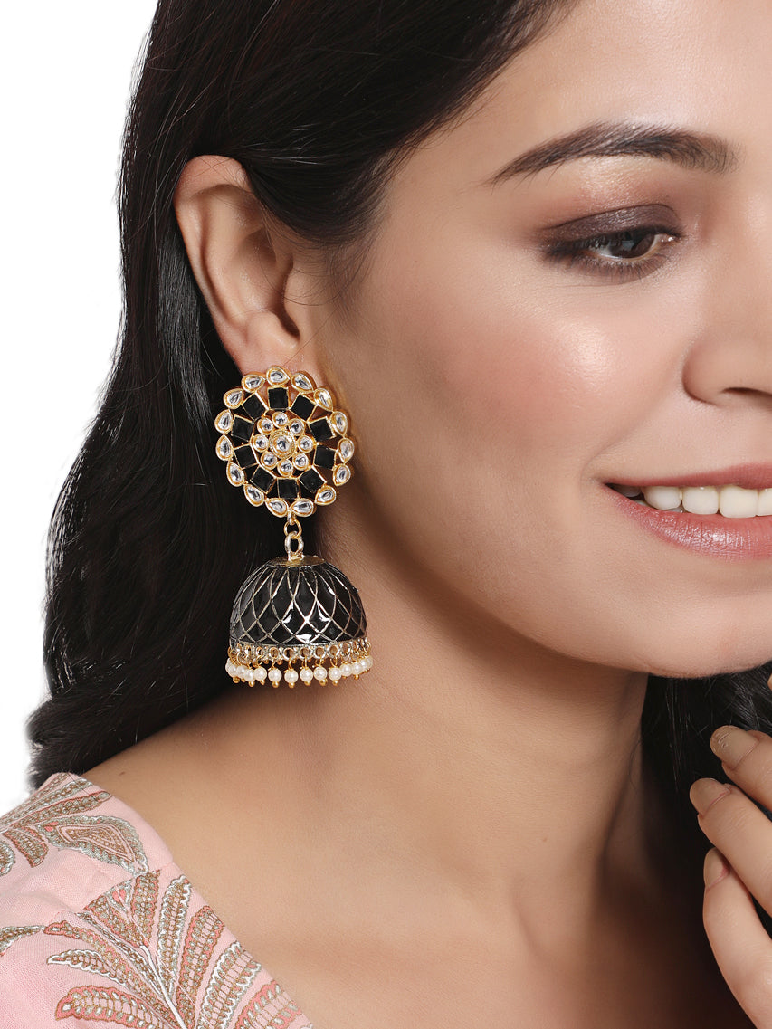 Gold plated & Black Hand painted Floral Shaped Jhumka Earrings - Jazzandsizzle