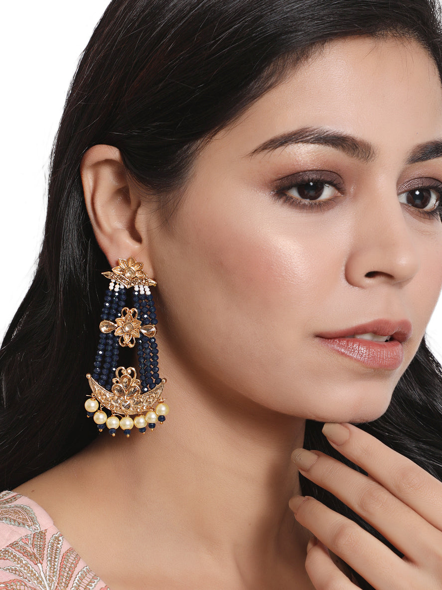 Black & Gold-Plated Handcrafted Kundan Pearl Studded Multistrand Earrings