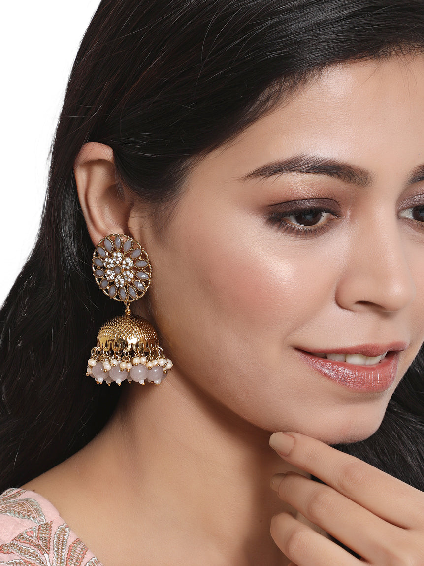 Grey Antique Gold-Plated Studded Dome Shaped Jhumkas - Jazzandsizzle