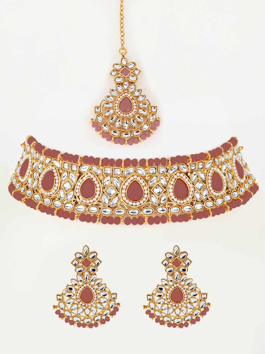 Pink Kundan Pearls Gold Plated Choker Set with MaangTikka - Jazzandsizzle