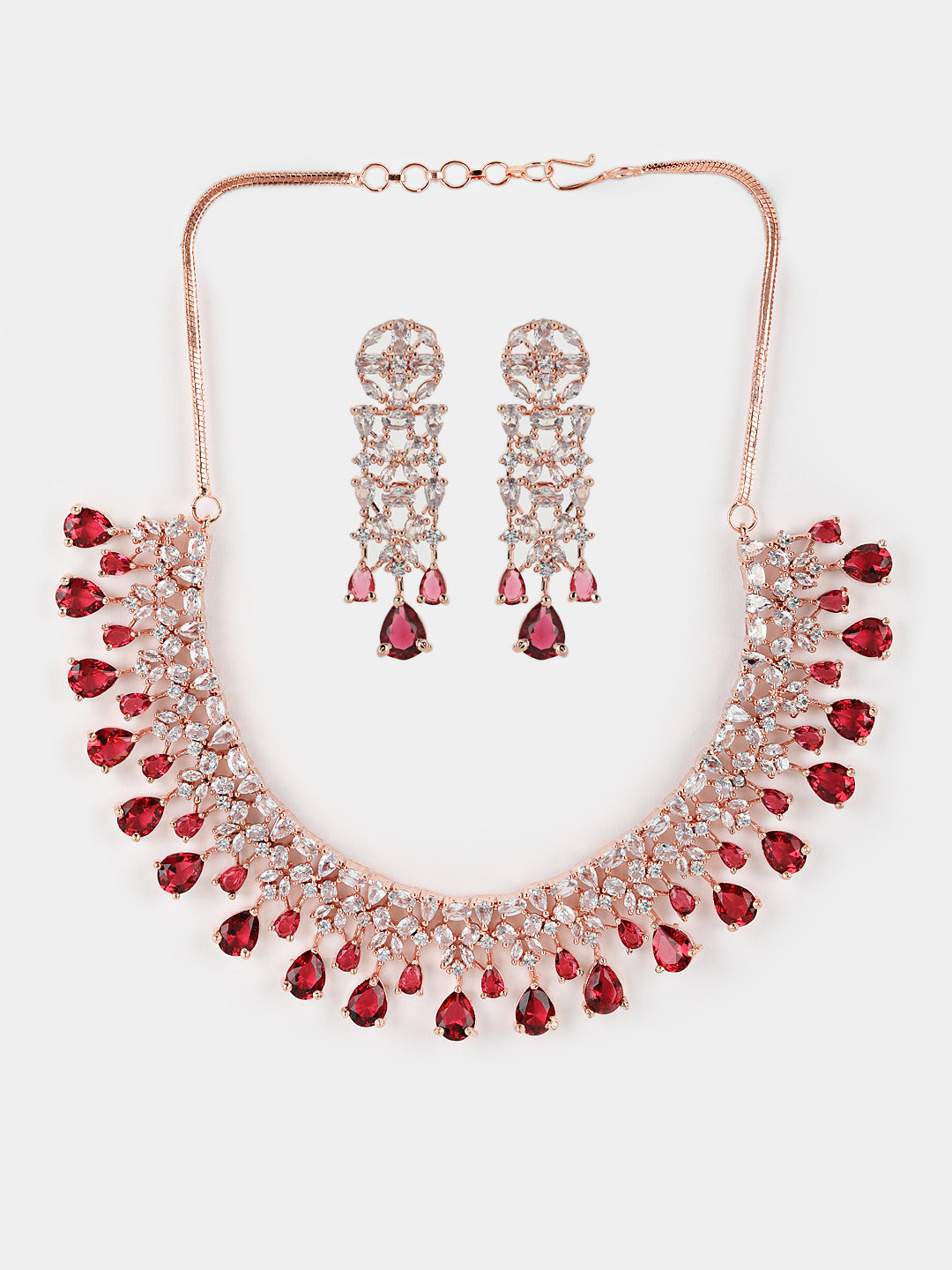 Maroon American Diamond Rose Gold Plated Jewellery Set