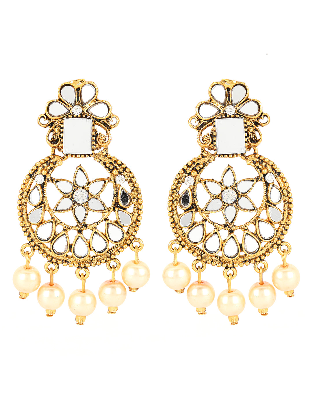 Gold-Plated White Coloured Stone-Studded & Cream Pearl Beaded Handcrafted Jewellery Set - Jazzandsizzle