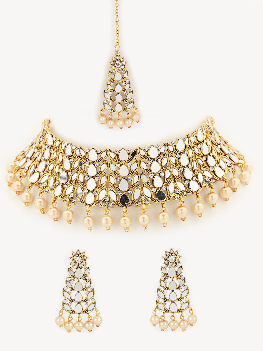 Gold-Plated White Coloured Stone-Studded & Pearl Beaded Handcrafted Jewellery Set - Jazzandsizzle