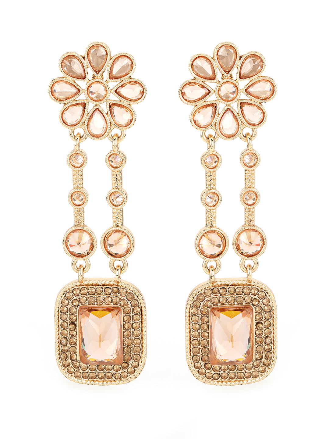 Gold-Plated Kundan Studded Contemporary Floral pattern Drop Earrings - Jazzandsizzle