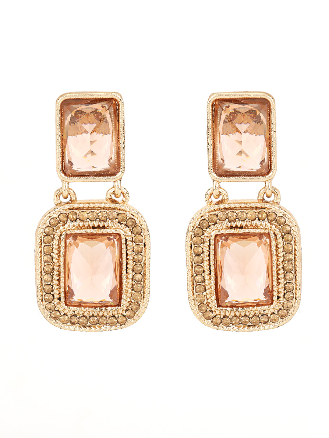 Peach stone & CZ Studded Square Shaped Drop Earrings - Jazzandsizzle