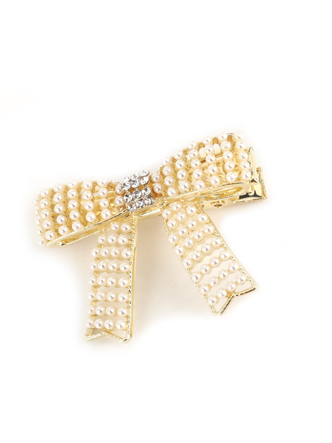 Set Of 2 Cream Coloured Pearl Studded & Crystal Floral Shape Hair Clip - Jazzandsizzle