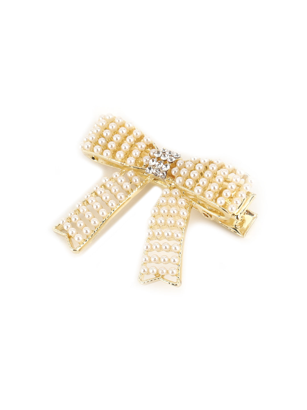 Set Of 2 Cream Coloured Pearl Studded & Crystal Floral Shape Hair Clip - Jazzandsizzle