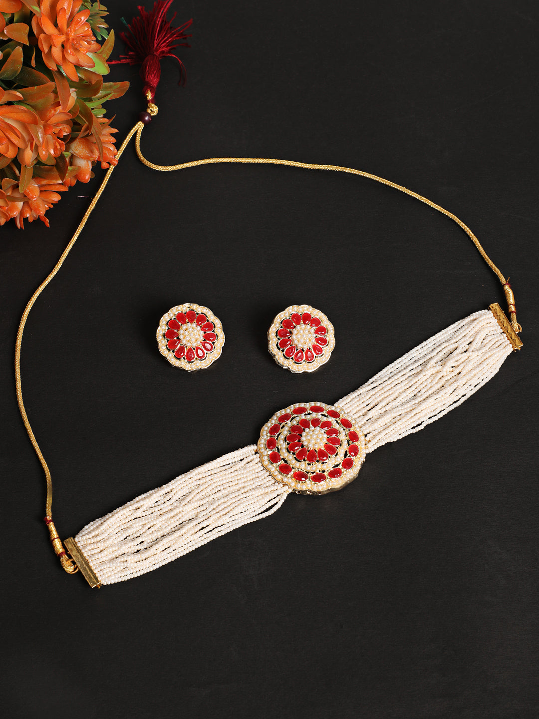 Pink Gold-Plated Kundan Choker Necklace & Earring Set - Jazzandsizzle