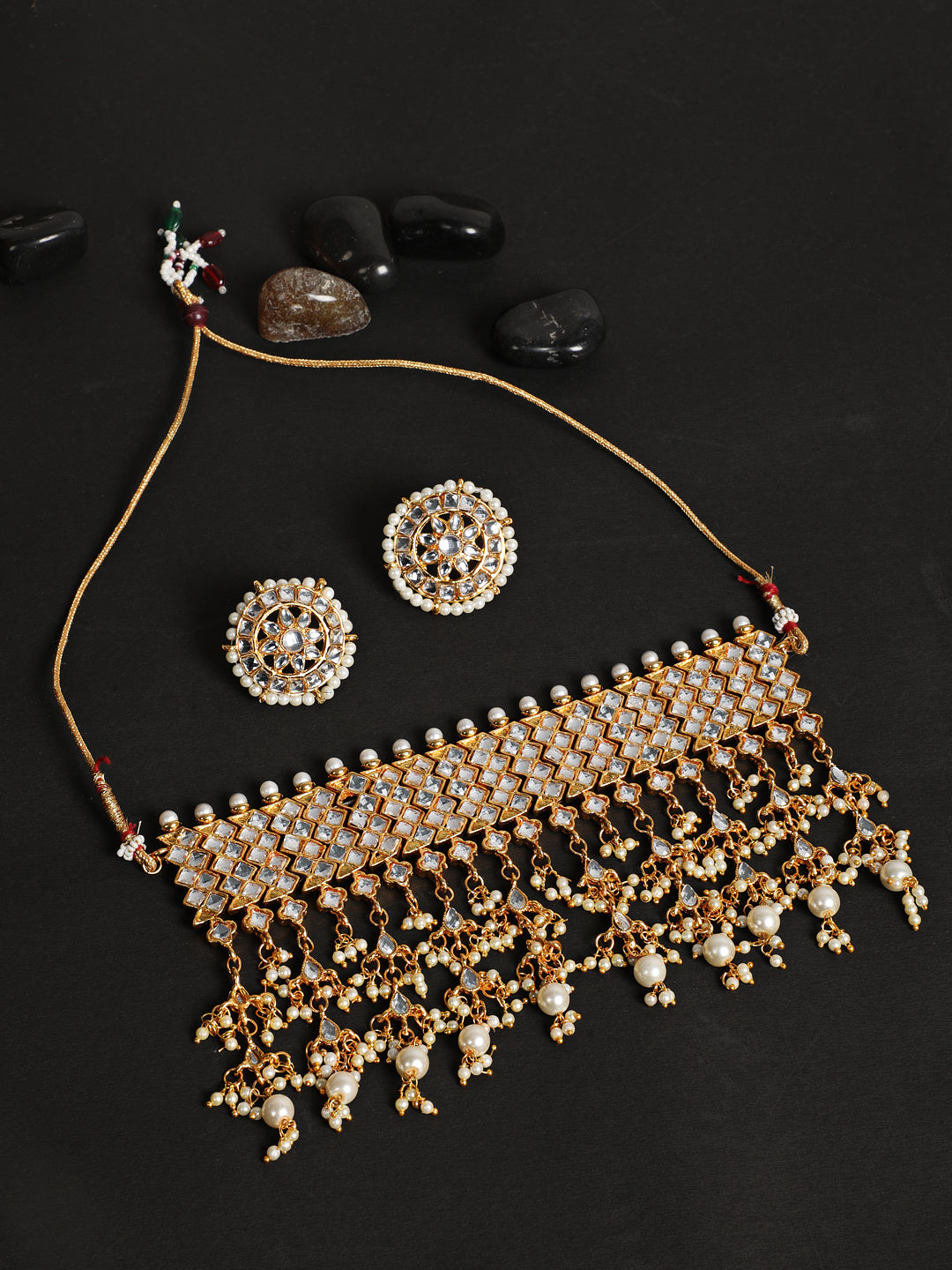 Gold-Plated & White Kundan-Studded & Beaded Jadau Jewellery Set - Jazzandsizzle