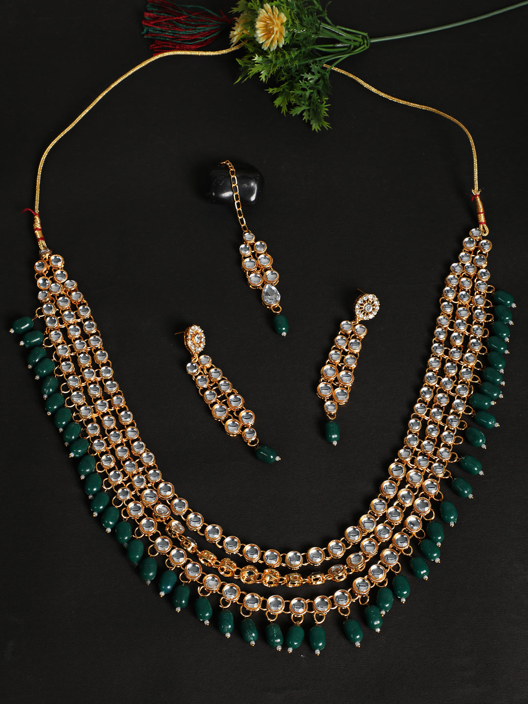 Green Gold-Plated Bridal Kundan Layered Jewellery Set - Jazzandsizzle