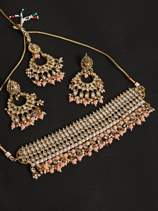 Peach & White Gold-Plated Kundan Studded & Beaded Handcrafted Jewellery Set - Jazzandsizzle