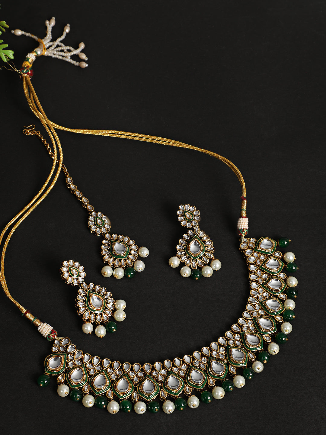 Gold-Plated Green & White Kundan-Studded Beaded Handcrafted Jewellery - Jazzandsizzle