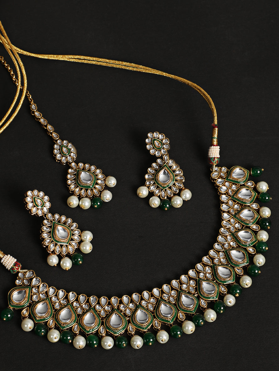 Gold-Plated Green & White Kundan-Studded Beaded Handcrafted Jewellery - Jazzandsizzle