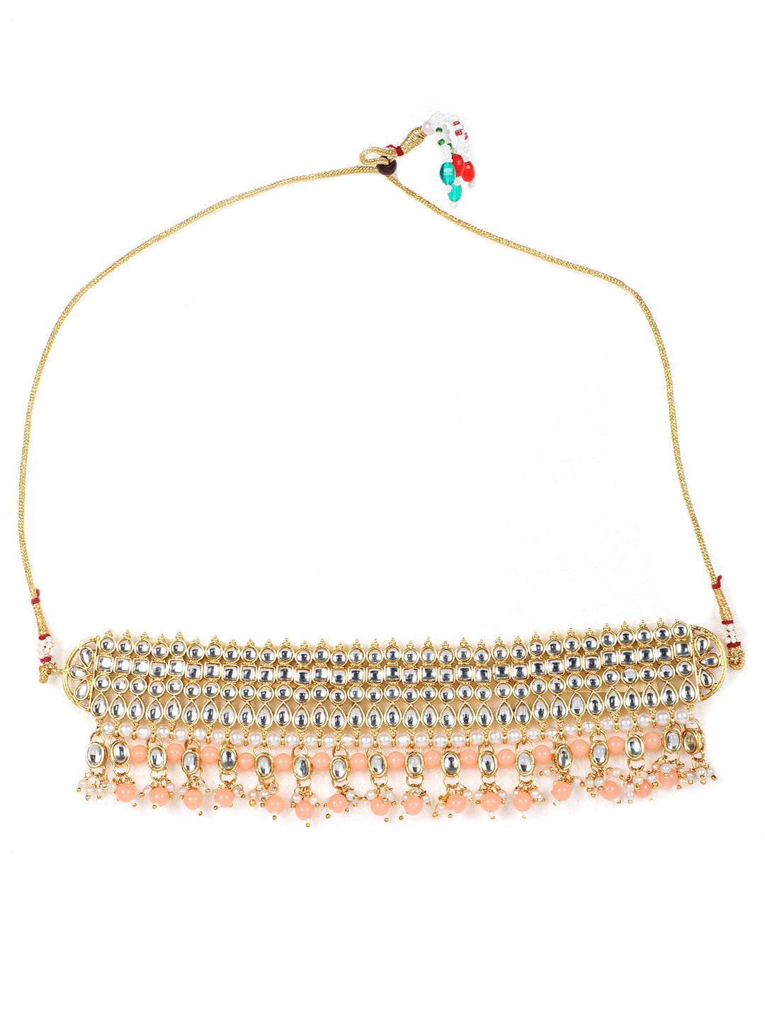 Peach & White Gold-Plated Kundan Studded & Beaded Handcrafted Jewellery Set - Jazzandsizzle