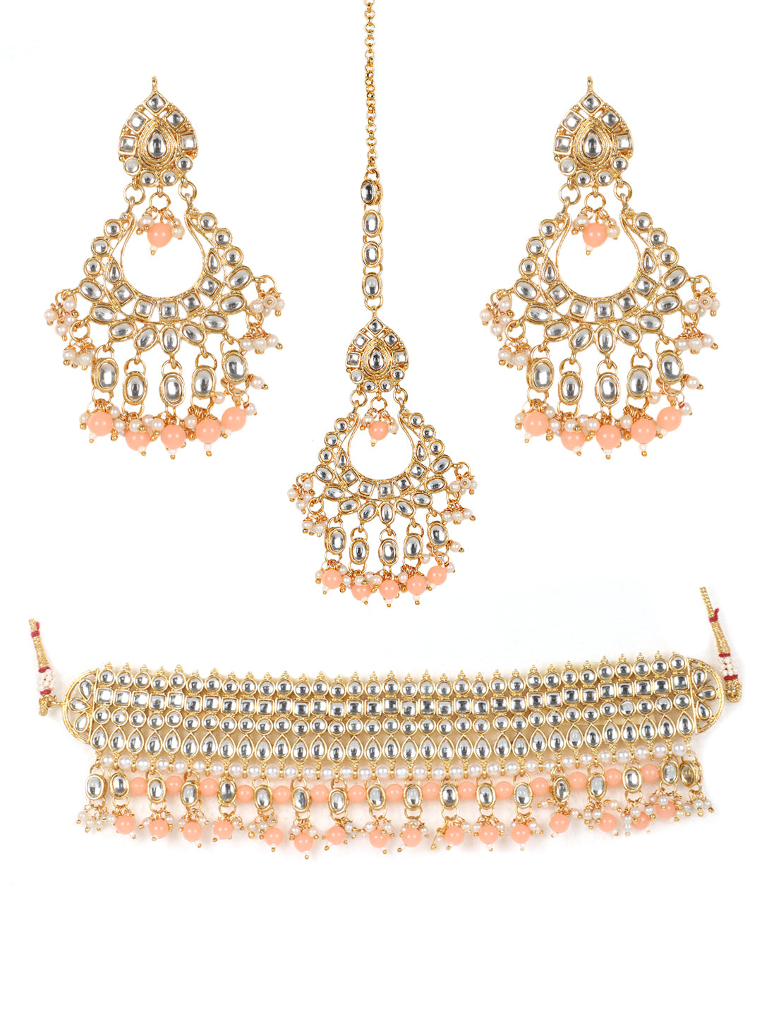 Peach & White Gold-Plated Kundan Studded & Beaded Handcrafted Jewellery Set - Jazzandsizzle