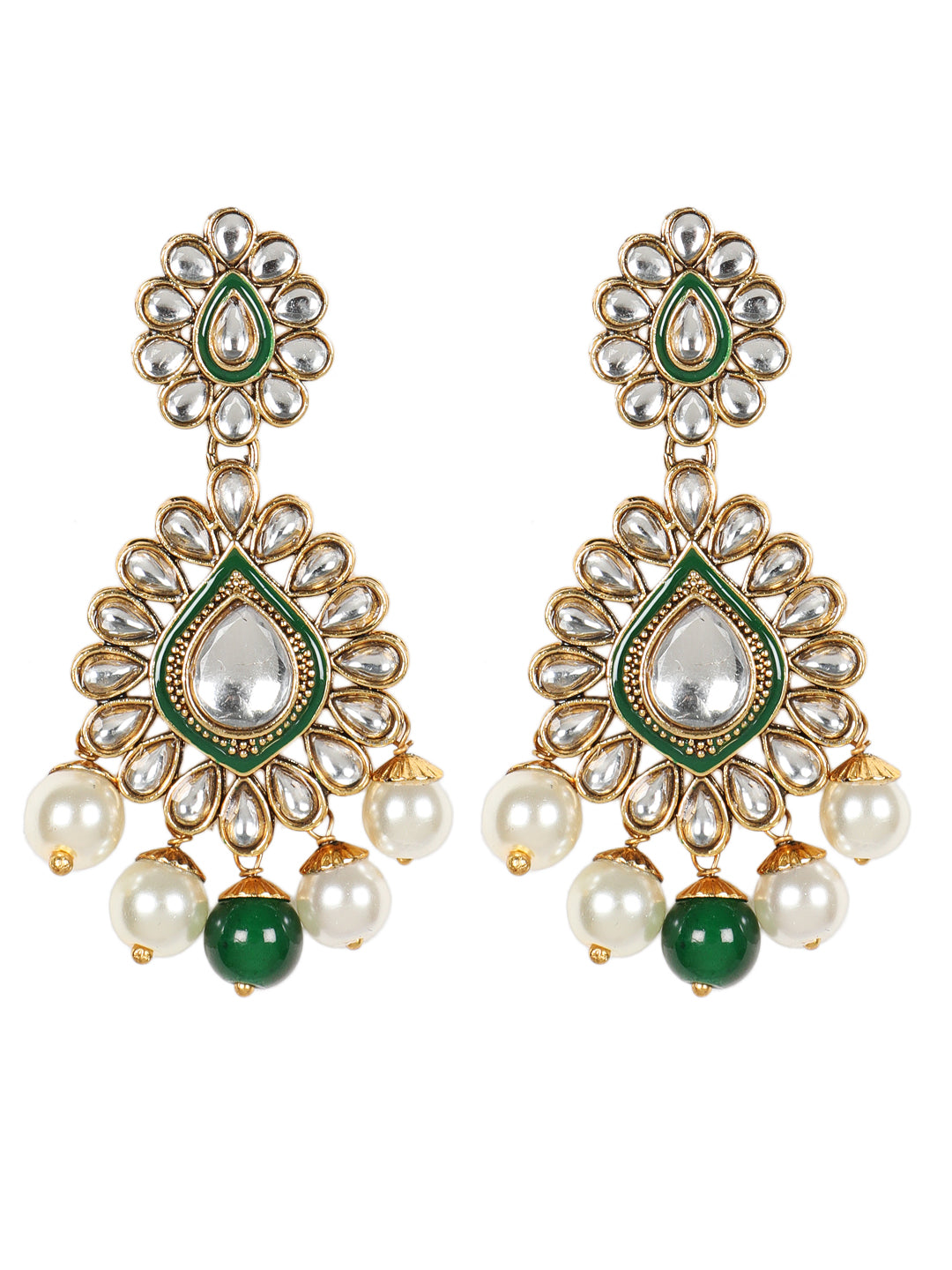 Gold-Plated Green & White Kundan-Studded Beaded Handcrafted Jewellery - Jazzandsizzle