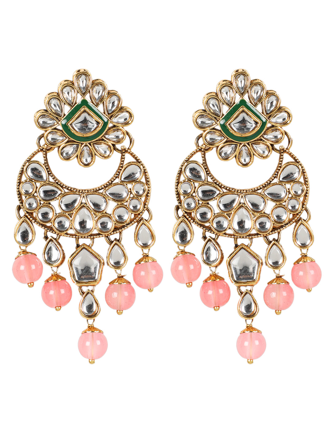 Gold-Plated Pink & White Kundan-Studded Beaded Handcrafted Jewellery - Jazzandsizzle