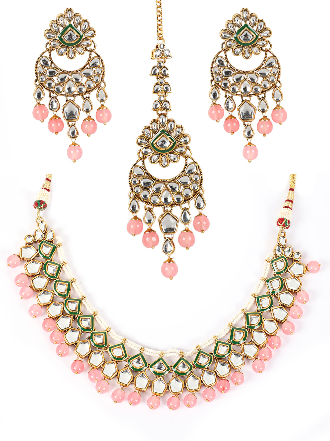 Gold-Plated Pink & White Kundan-Studded Beaded Handcrafted Jewellery - Jazzandsizzle