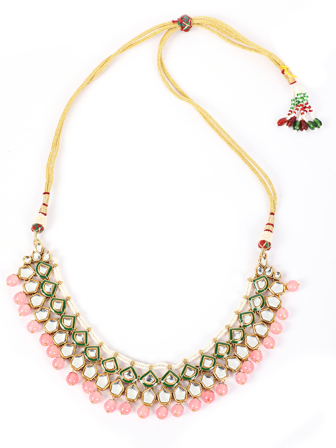 Gold-Plated Pink & White Kundan-Studded Beaded Handcrafted Jewellery - Jazzandsizzle