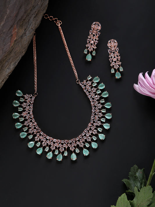 Mint Green American Diamond Rose Gold Plated Jewellery Set - Jazzandsizzle