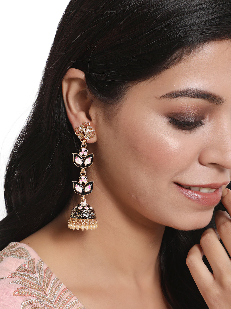 black-pink-meenakari-enamel-dome-shaped-long-jhumka-earrings