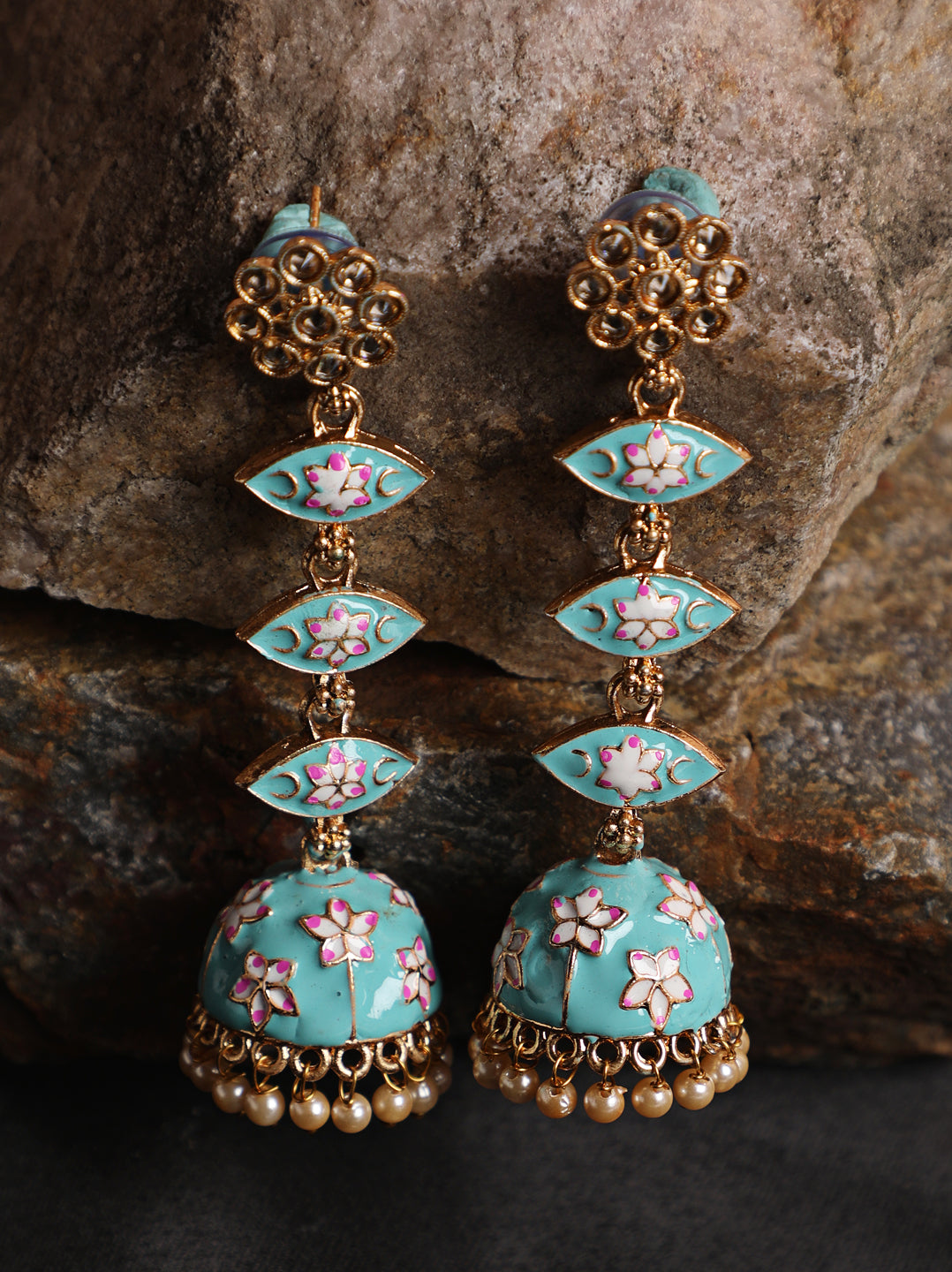 Green & Meenakari Enamel Pink Floral Long Jhumka Earrings - Jazzandsizzle
