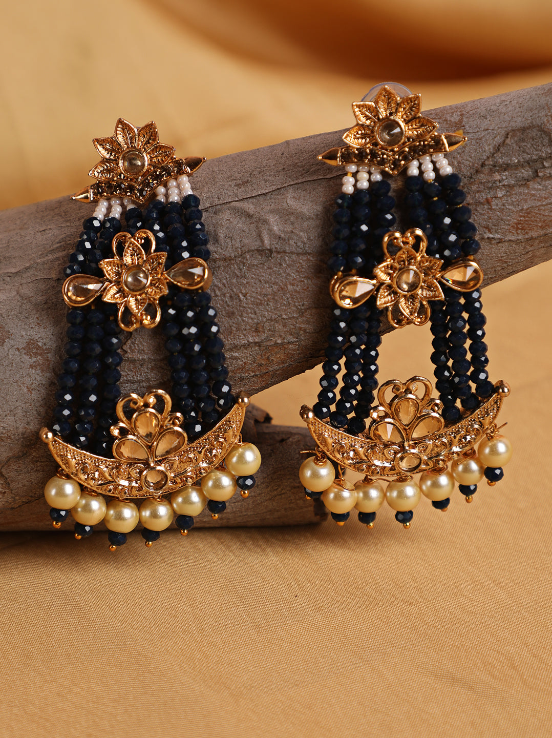 Black & Gold-Plated Handcrafted Kundan Pearl Studded Multistrand Earrings - Jazzandsizzle