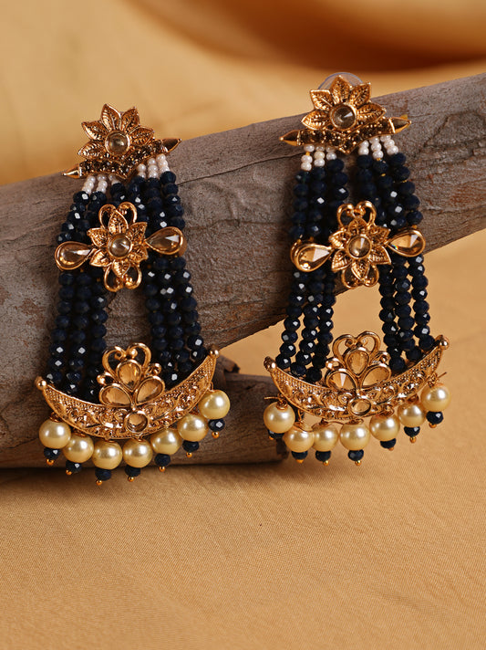 Black & Gold-Plated Handcrafted Kundan Pearl Studded Multistrand Earrings - Jazzandsizzle