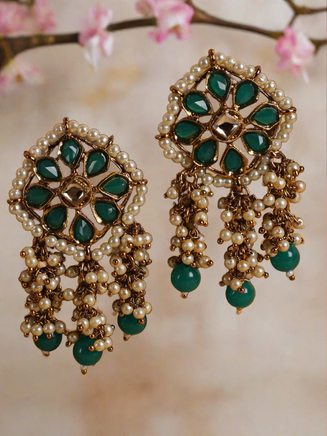 Green Kundan Stone Studded & Pearl Beaded Strand Drop Earrings - Jazzandsizzle
