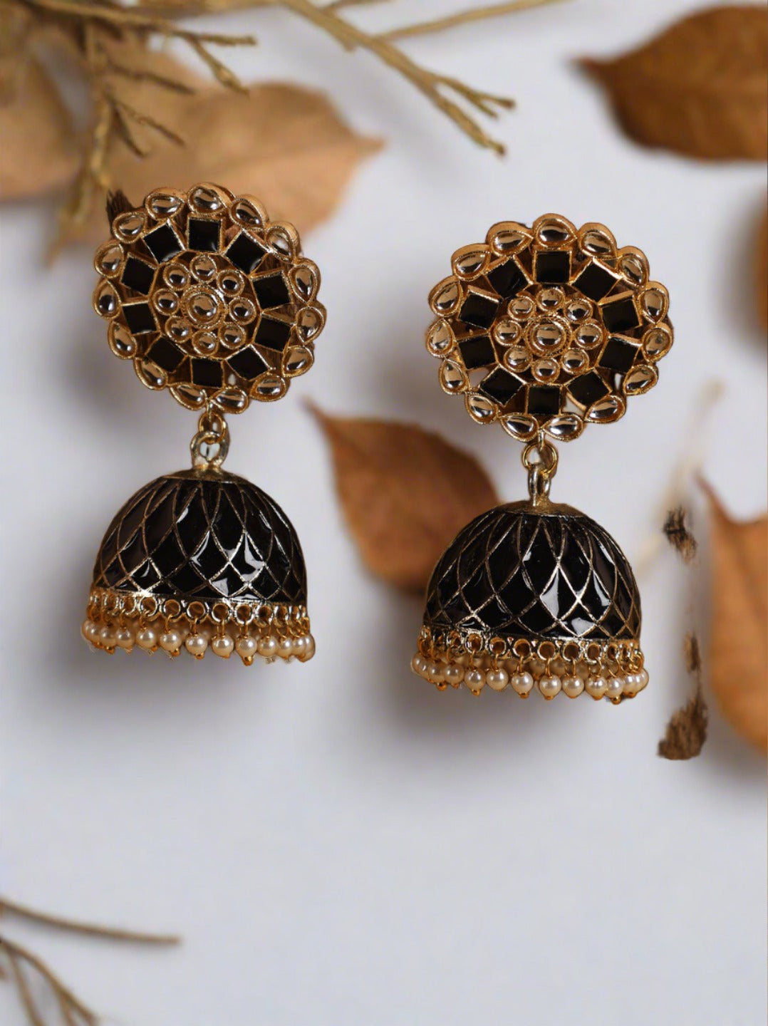 Gold plated & Black Hand painted Floral Shaped Jhumka Earrings - Jazzandsizzle