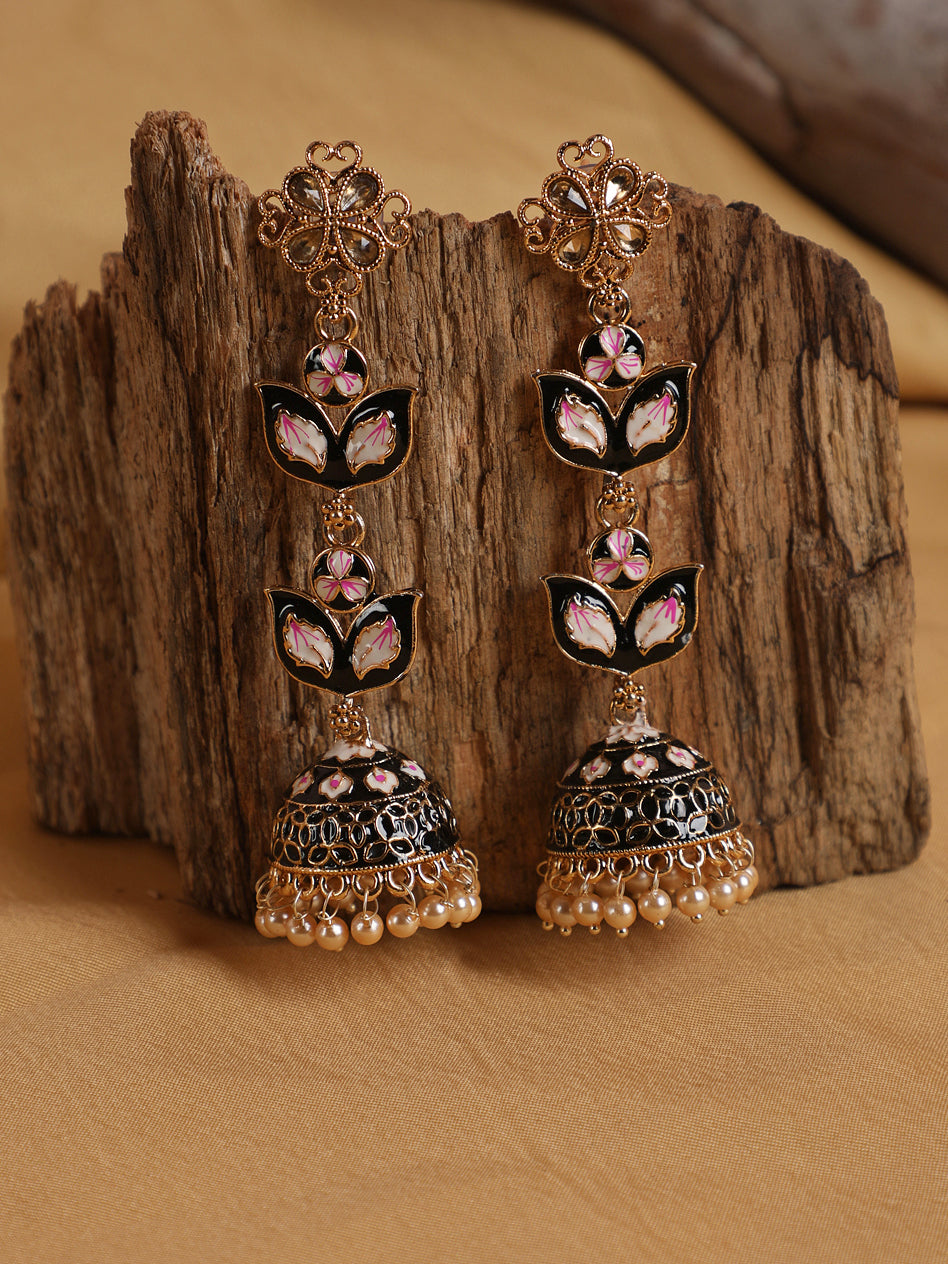 Black & Pink Meenakari Enamel Dome shaped Long Jhumka Earrings - Jazzandsizzle