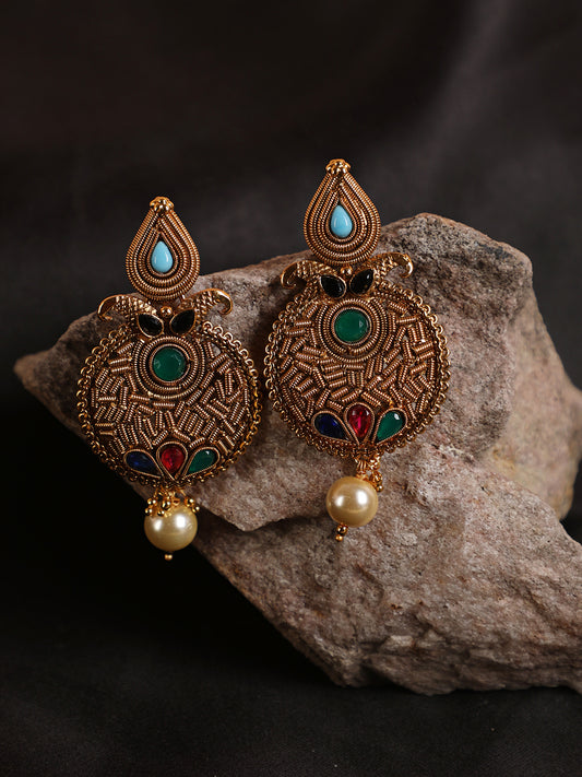 Gold Plated Multi stone studded drop earrings - Jazzandsizzle