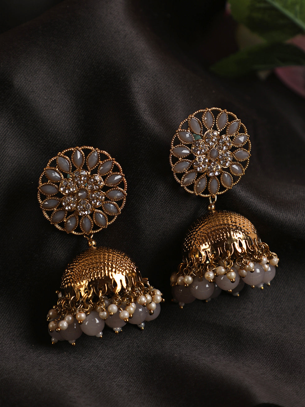 Grey Antique Gold-Plated Studded Dome Shaped Jhumkas - Jazzandsizzle