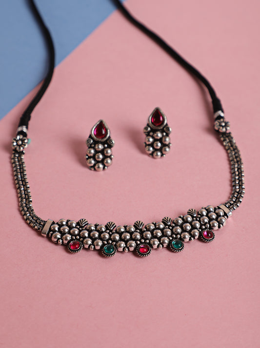 Silver-Toned Oxidized Pink& Green Stone studded Peacock Jewellery Set - Jazzandsizzle